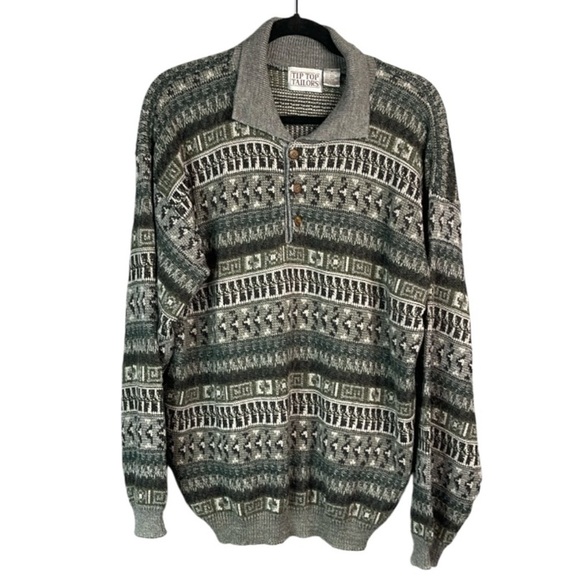 VINTAGE 90s Mens Wool Blend Tip Top FairIsle Style Polo Collar Sweater Grey M - Picture 2 of 11